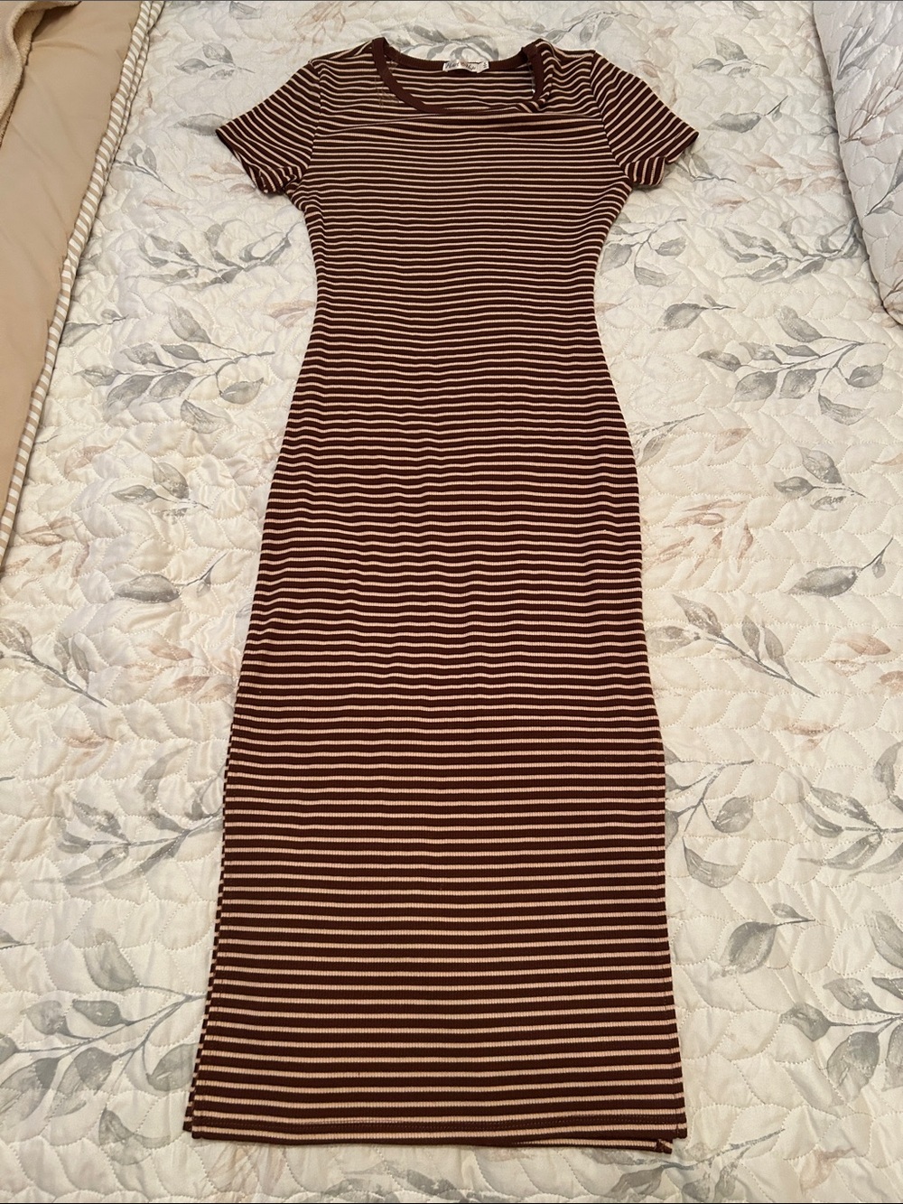 Heart Hips Brown and Cream Striped Short-Sleeve Midi Dress